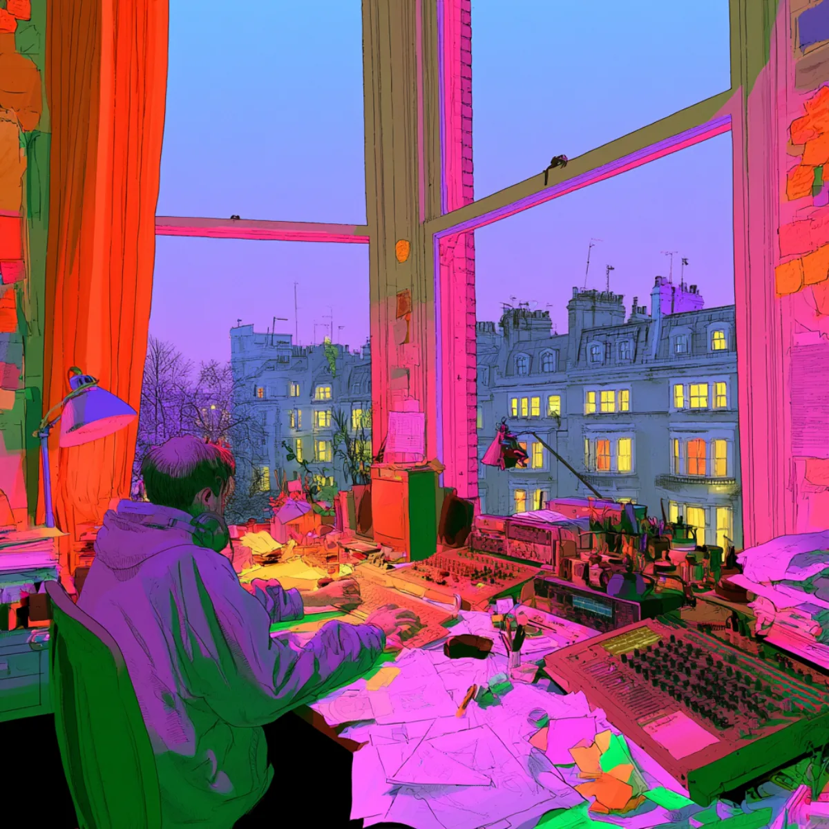 A Borcore engineer at a desk of hardware and paper, working late in front of a window