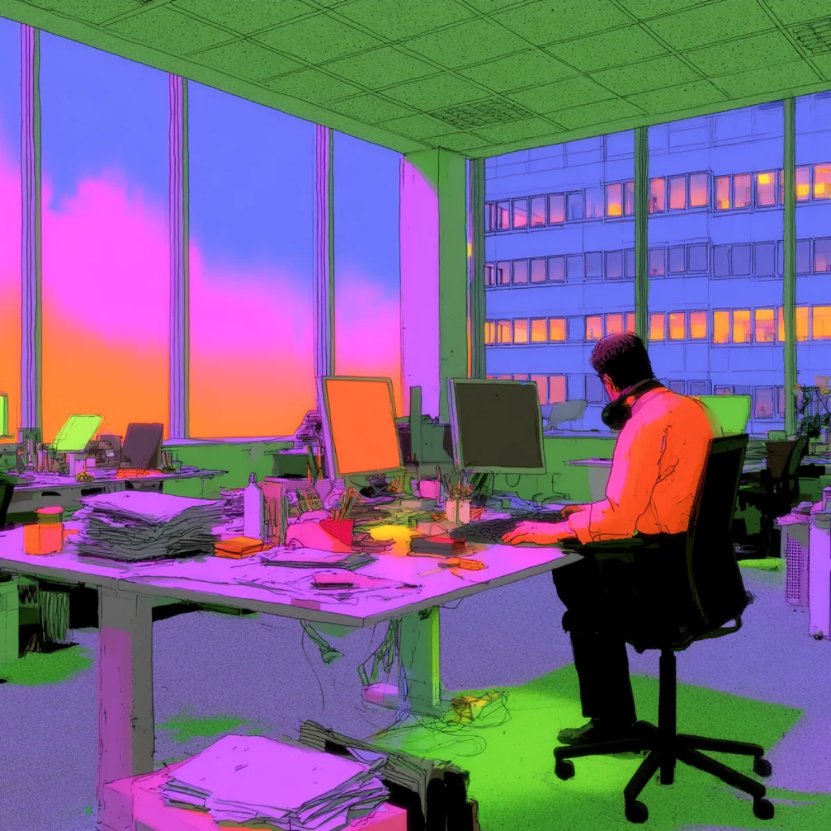 The studio floor at dusk, an engineer still at a monitor