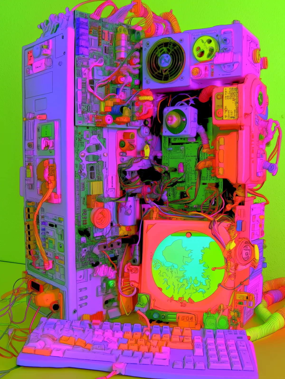 A stack of single-board test hardware wired into a case on the studio bench